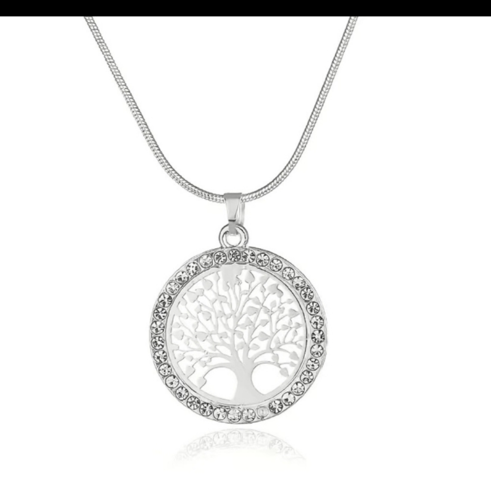 SILVER Crystal Rhinestone Tree of Life Necklace matching 18-22" chain. NEW